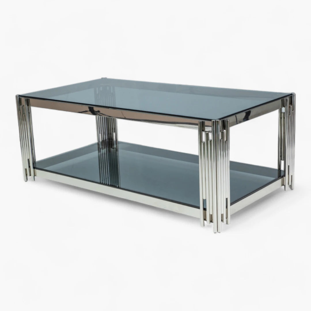 Table Basse FLute rectangulaire plateau en verre trempé transparent pieds argentée en acier inoxydable